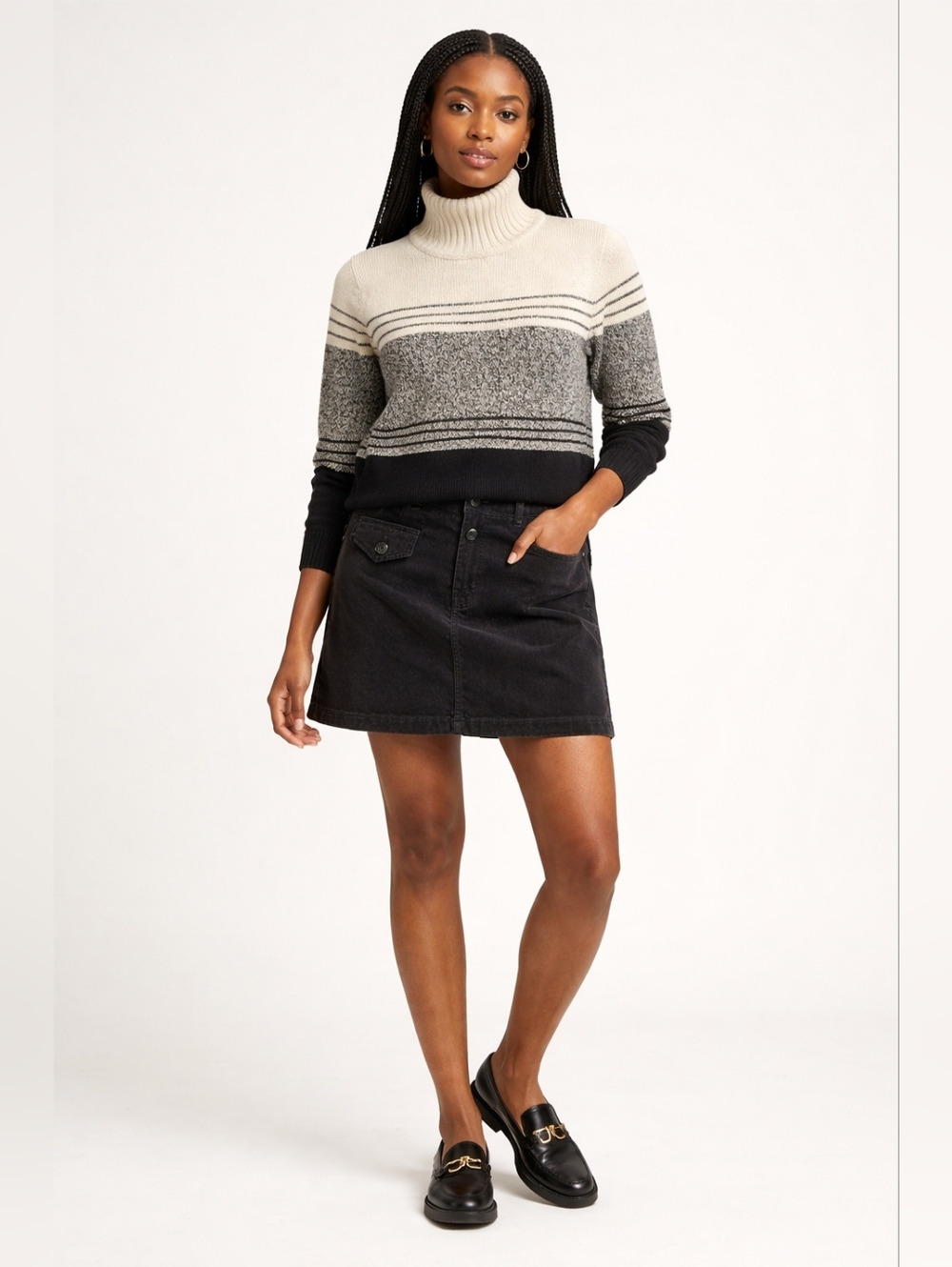 Women's Cream and Black Turtleneck Striped Sweater  Size L